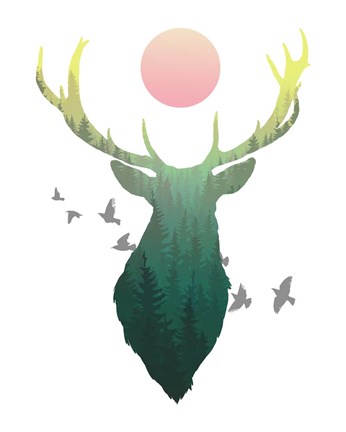 Framed Green Ombre Forest in Stag Silhouette Print