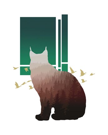 Framed Red Ombre Forest in Bobcat Silhouette Version 2 Print