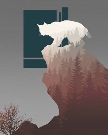 Framed Red Ombre Forest in Bobcat Silhouette Print