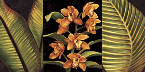 Framed Orange Orchids and Palm Leaves Print