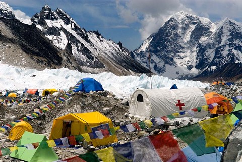 Framed Tents of Mountaineers Scattered along Khumbu Glacier, Base Camp, Mt Everest Print