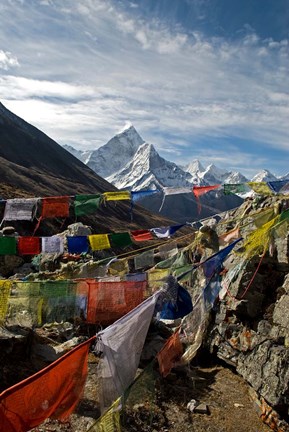 Framed Prayer flags, Everest Base Camp Trail, peak of Ama Dablam, Nepal Print
