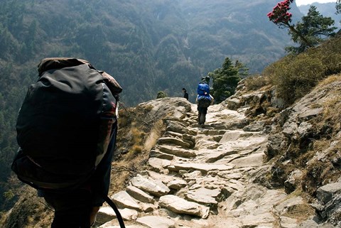 Framed Trekkers on the trail towards Namche Bazaar, Khumbu, Nepal Print