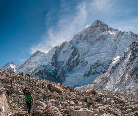 Framed Trekkers and porters on a trail, Khumbu Valley, Nepal Print