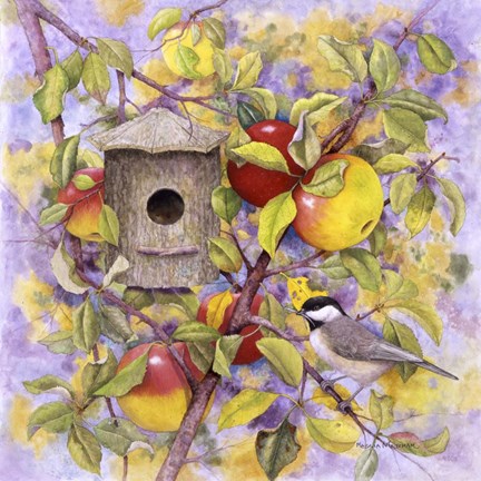 Framed Chickadee &amp; Apples Print