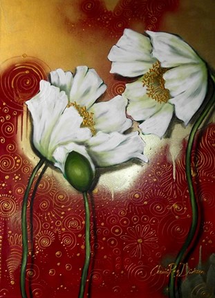 Framed White Poppies on Red Print