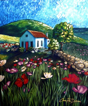 Framed Poppy Field Cottage Print