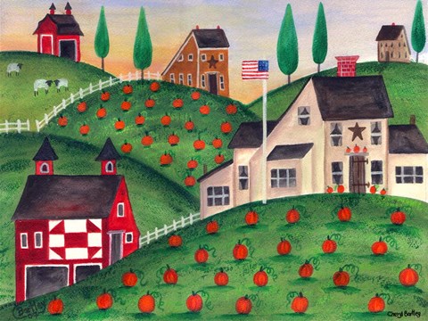 Framed Pumpkin Red Barn Folk Art Print