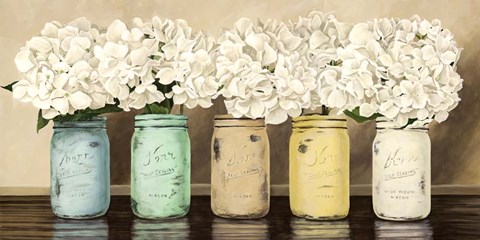 Framed Hydrangeas in Mason Jars Print