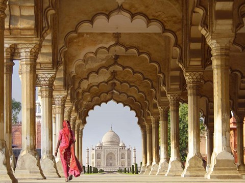 Framed Woman in traditional Sari walking towards Taj Mahal Print