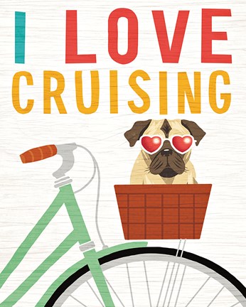 Framed Beach Bums Pug Bicycle I Love Print