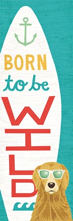 Framed Beach Bums Golden Surf Board Print