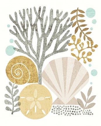 Framed Under Sea Treasures V Gold Neutral Print