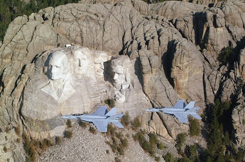 Framed Two F/A-18E Super Hornets conduct a fly by of Mount Rushmore Print