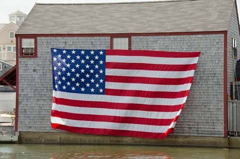 Framed Massachusetts, Nantucket, Flag on boathouse Print