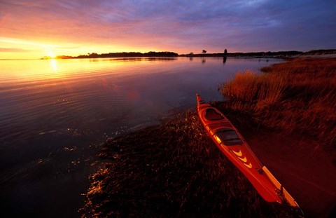 Framed Kayak and Sunrise in Little Harbor in Rye, New Hampshire Print
