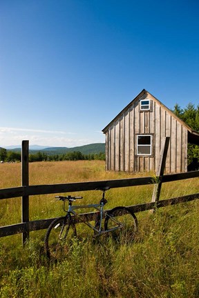 Framed Mountain bike and barn on Birch Hill, New Durham, New Hampshire Print