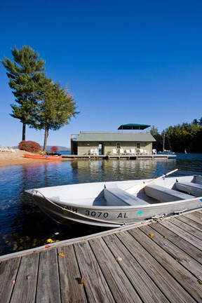 Framed Skiff and boathouse at Oliver Lodge on Lake Winnipesauke, Meredith, New Hampshire Print