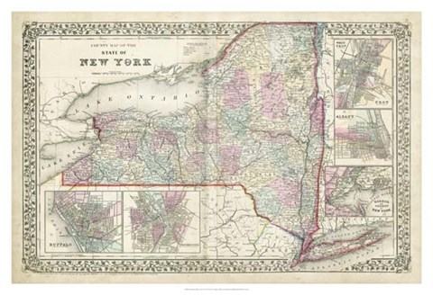 Framed Johnson&#39;s Map of New York Print
