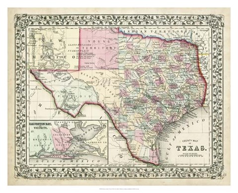 Framed Johnson&#39;s Map of Texas Print
