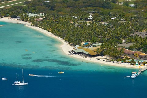 Framed Aerial view of Plantation Island Resort, Mamanuca Islands, Fiji Print