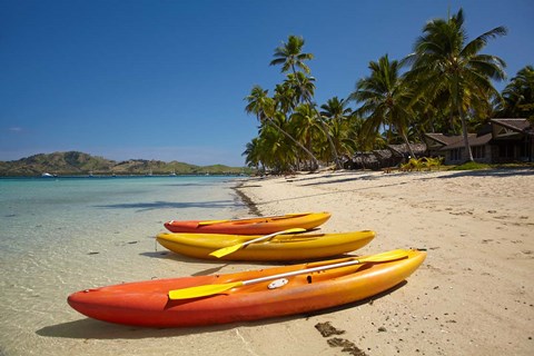 Framed Kayaks on the beach, Plantation Island Resort, Malolo Lailai Island, Mamanuca Islands, Fiji Print