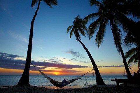 Framed Hammock and sunset, Plantation Island Resort, Malolo Lailai Island, Mamanuca Islands, Fiji Print