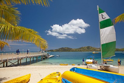 Framed Jetty, boats and hobie cat, Plantation Island Resort, Malolo Lailai Island, Mamanuca Islands, Fiji Print