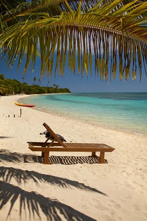 Framed Beach, palm trees and lounger, Plantation Island Resort, Fiji Print