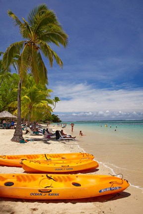 Framed Kayaks and beach, Shangri-La Fijian Resort, Yanuca Island, Coral Coast, Viti Levu, Fiji Print