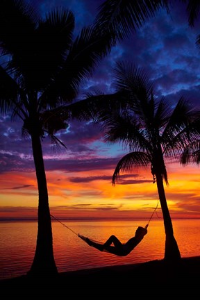 Framed Woman in hammock, and palm trees at sunset, Coral Coast, Viti Levu, Fiji Print