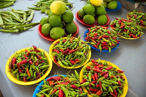 Framed Peppers, fruit and vegetable outdoor market, Suva, Fiji Print