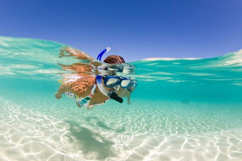 Framed Couple snorkeling, Beqa Island, Fiji Print