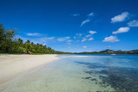 Framed White sand beach and turquoise water, Nanuya Lailai Island, Blue Lagoon, Yasawa, Fiji Print