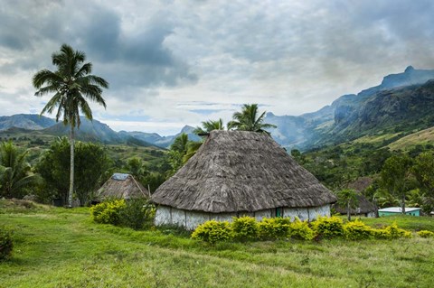 Framed Traditional thatched roofed huts in Navala, Fiji, South Pacific Print