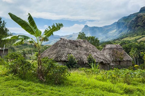 Framed Traditional thatched roofed huts in Navala, Fiji Print