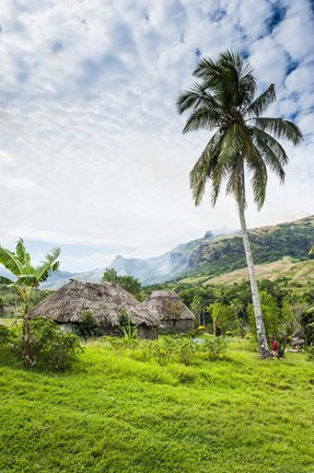 Framed Traditional thatched roofed huts in Navala in the Ba Highlands of Viti Levu, Fiji, South Pacific Print