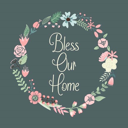 Framed Bless Our Home Floral Teal Print