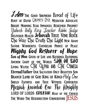 Framed Names of Jesus Rectangle Black and Red Text Print