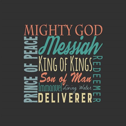 Framed Names of Jesus Square Green and Orange Text - Gray Print