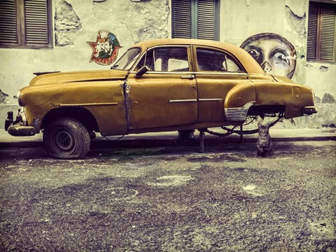 Framed Old Car &amp; Cat Print
