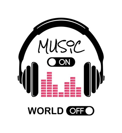 Framed Music On, World Off Headphones White Background Print