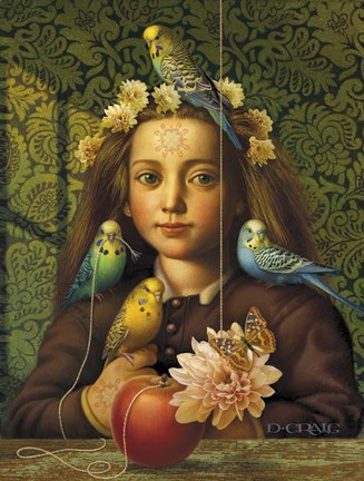 Framed Girl With Parakeets Print