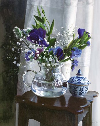 Framed Fiori Blu e Sgabello Print