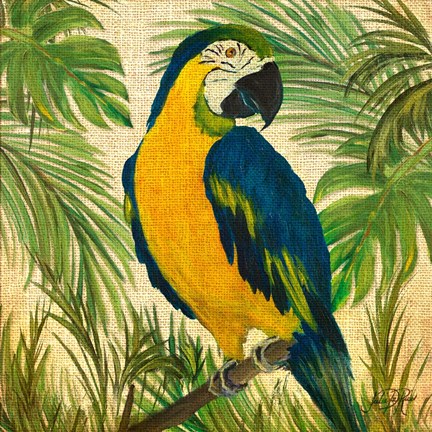 Framed Island Birds Square on Burlap II Print