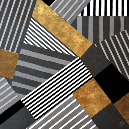 Framed Geo Stripes in Gold &amp; Black II Print