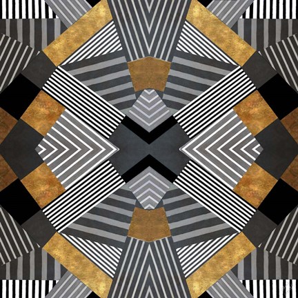 Framed Geo Stripes in Gold &amp; Black I Print