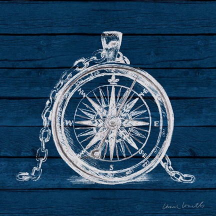 Framed Compass on Blue Wood Print
