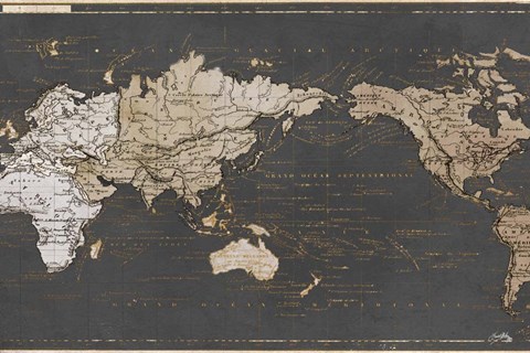 Framed World Map in Gold and Gray Print