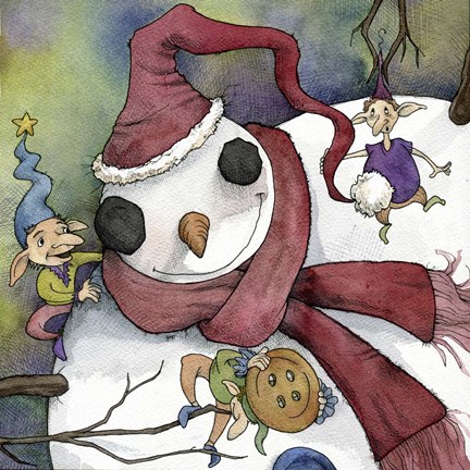 Framed Snowman and Elves Print